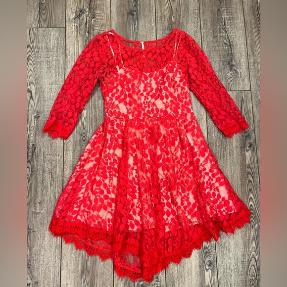 Free People Red Lace Fit & Flare Dress | Size 2 | Boho Party Dress - Picture 2 of 12